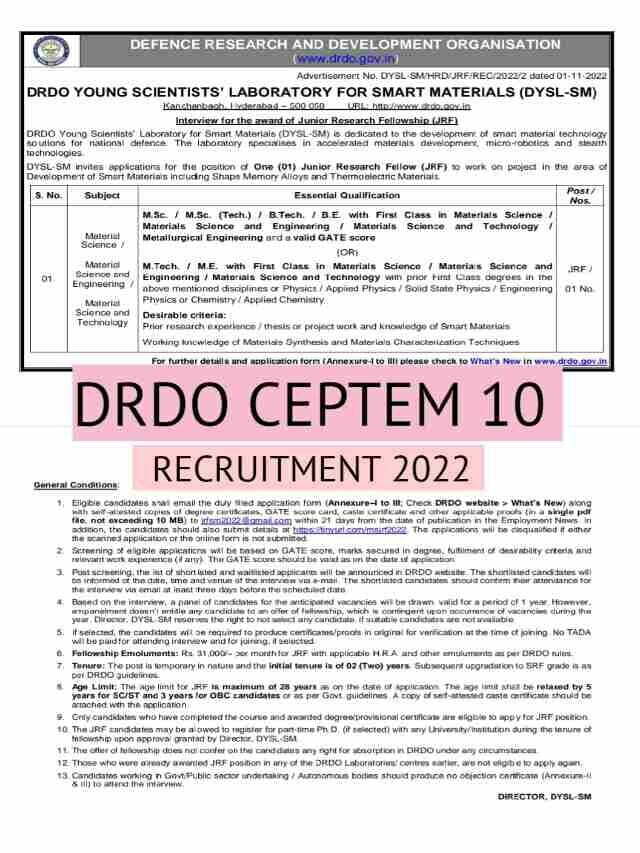 DRDO CEPTEM 10 RECRUITMENT 2022
